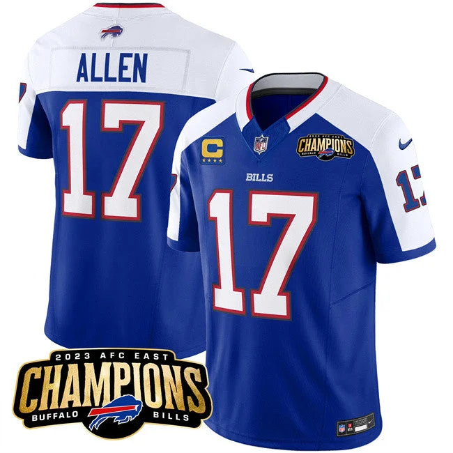 Football Jersey With Number-Men's Buffalo Bills #17 Josh Allen Blue/White 2023 F.U.S.E. AFC East Champions With 4-star C Ptach Football Stitched Jersey