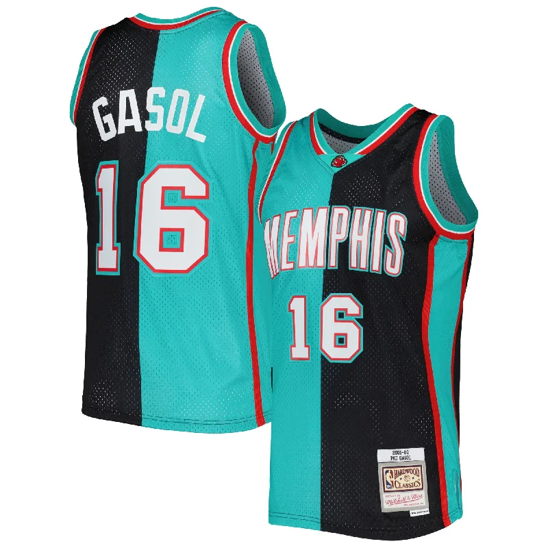 Basketball Jersey For Youth Basketball Teams-Pau Gasol Memphis Grizzlies Hardwood Classics 2001/02 Split Swingman Basketball Jersey - Black/turquoise