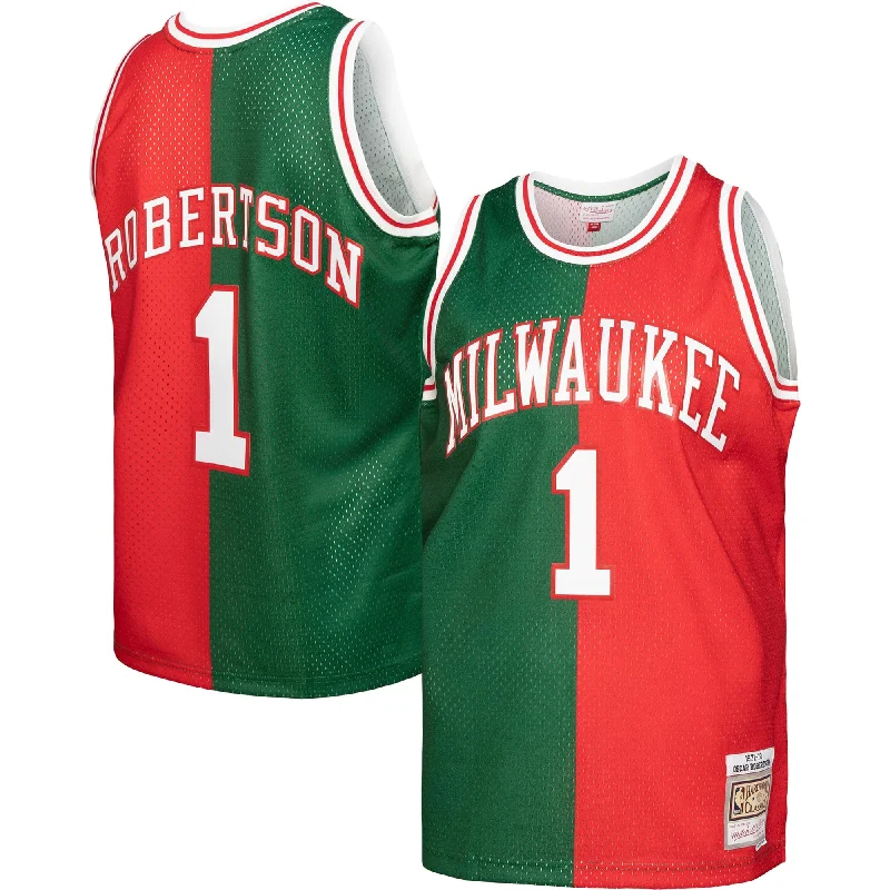 Basketball Jersey With Custom Sleeve Design-Oscar Robertson Milwaukee Bucks Hardwood Classics 1971/72 Split Swingman Basketball Jersey - Green/red