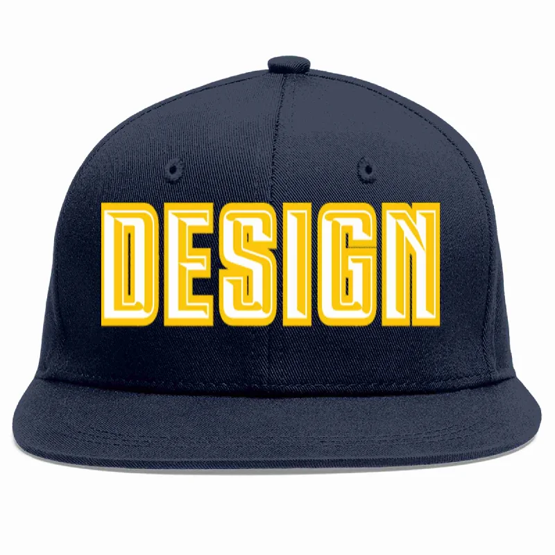 Baseball Cap For Team Recognition-Custom Navy White-Gold Flat Eaves Sport Baseball Cap Design for Men/Women/Youth