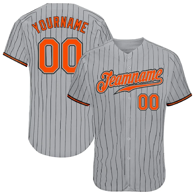 Baseball Jersey With Custom Sleeve Design-Custom Gray Black Pinstripe Orange-Black Authentic Baseball Jersey