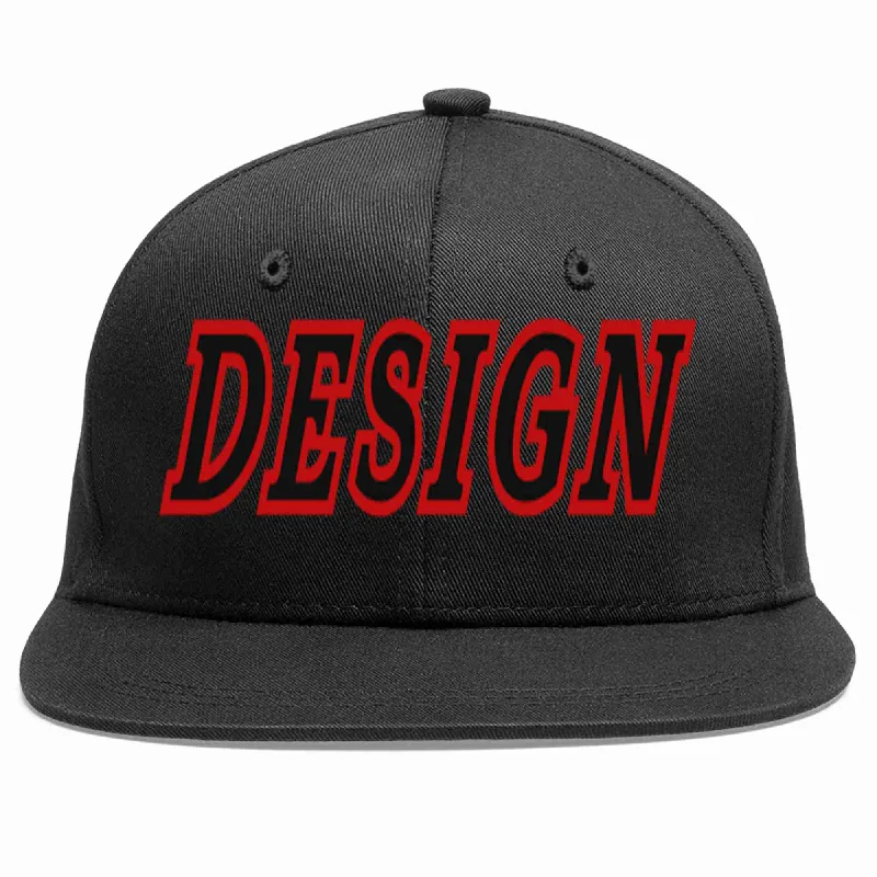 Baseball Cap With Company Branding-Custom Black Black-Red Flat Eaves Sport Baseball Cap Design for Men/Women/Youth