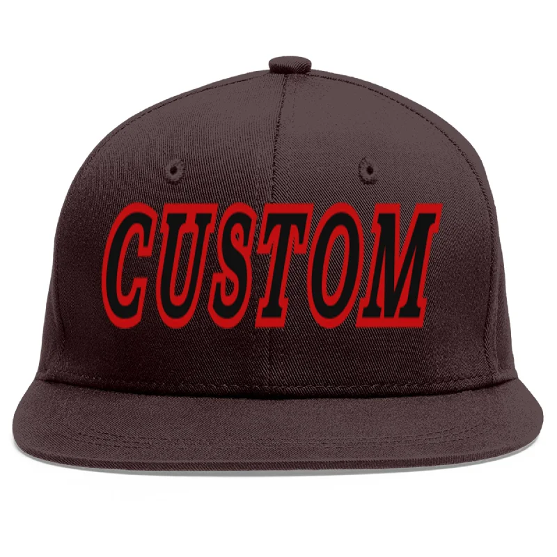 Custom Baseball Cap For Family Reunions-Custom Brown Black-Red Flat Eaves Sport Baseball Cap