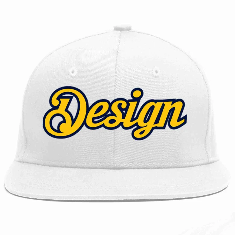 Baseball Cap For Beach Wear-Custom White Gold-Navy Flat Eaves Sport Baseball Cap Design for Men/Women/Youth