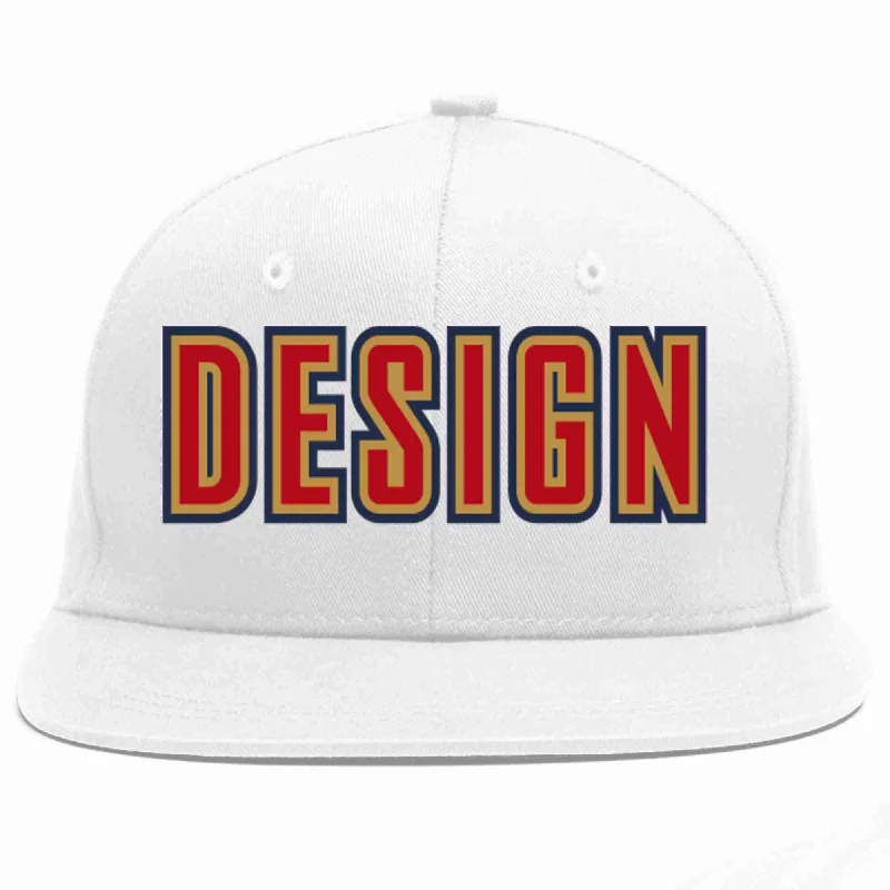 Baseball Cap For Women-Custom White Red-Old Gold Flat Eaves Sport Baseball Cap Design for Men/Women/Youth