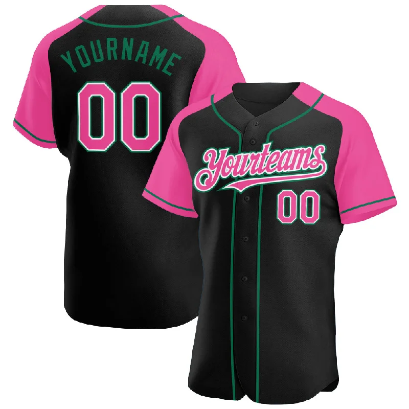 Baseball Jersey For Baseball Trainers-Custom Black Pink-Kelly Green Authentic Raglan Sleeves Baseball Jersey