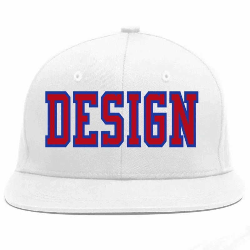 Baseball Cap With Signature Designs-Custom White Red-Royal Flat Eaves Sport Baseball Cap Design for Men/Women/Youth