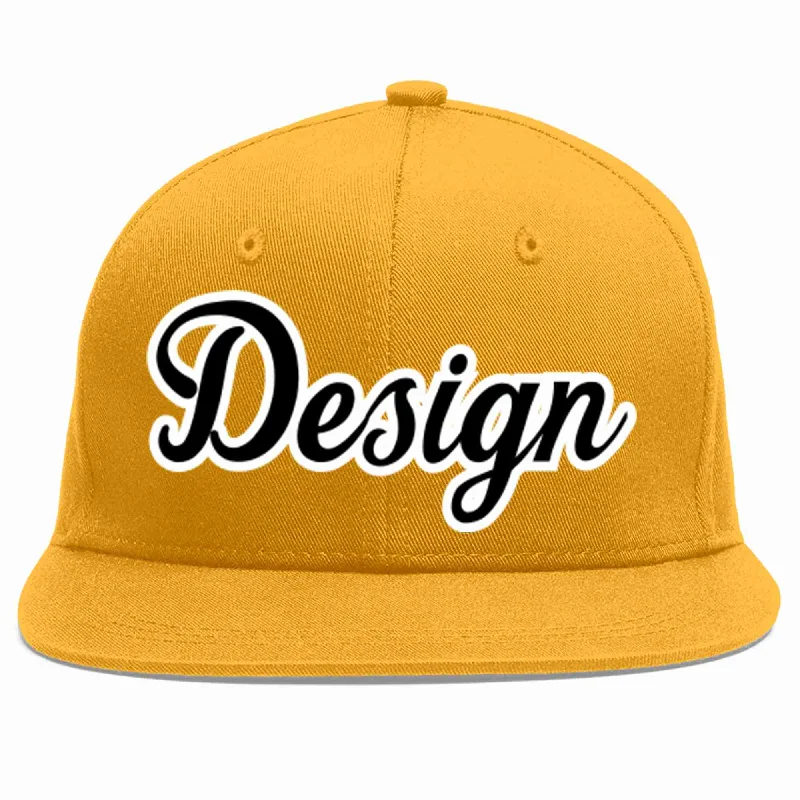 Baseball Cap For Music Festivals-Custom Gold Black-White Flat Eaves Sport Baseball Cap Design for Men/Women/Youth