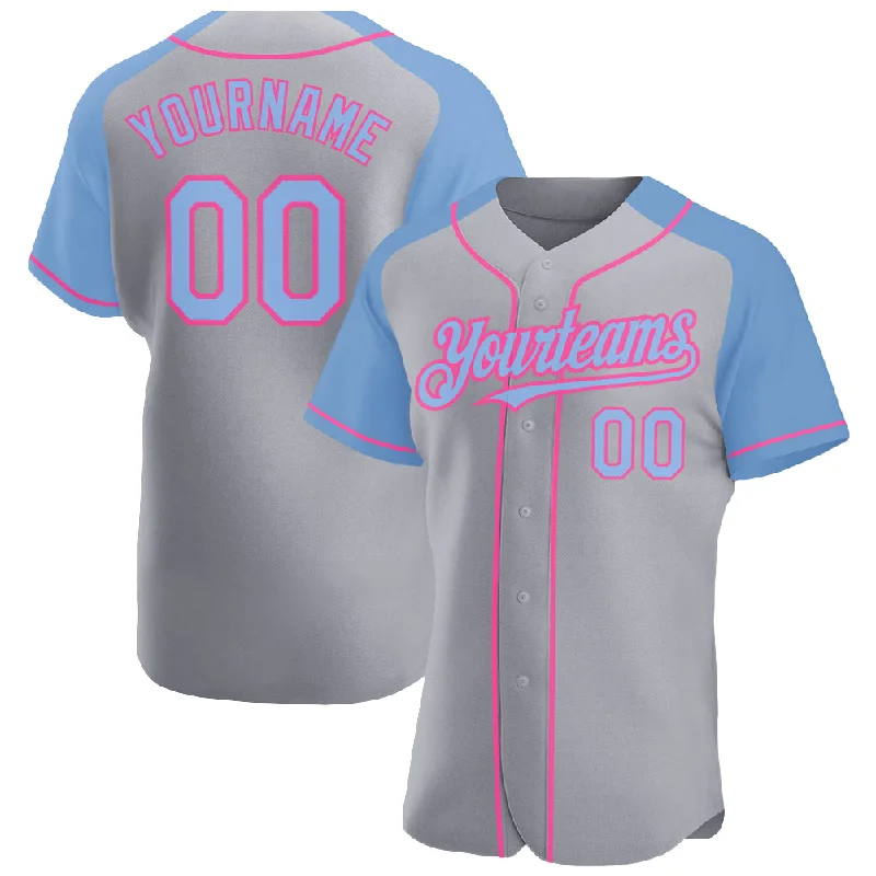 Baseball Jersey With Moisture-Wicking Fabric-Custom Gray Light Blue-Pink Authentic Raglan Sleeves Baseball Jersey