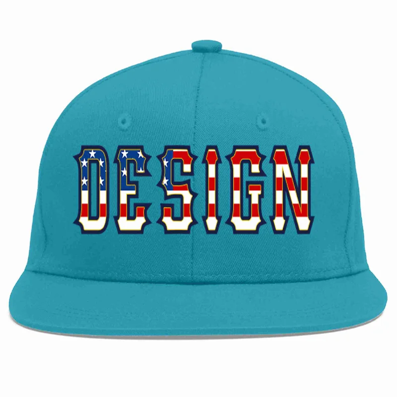 Baseball Cap For Weddings-Custom Aqua Vintage USA Flag-Gold Flat Eaves Sport Baseball Cap Design for Men/Women/Youth