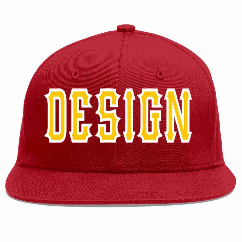 Baseball Cap With Custom Artwork-Custom Red Gold-White Flat Eaves Sport Baseball Cap Design for Men/Women/Youth