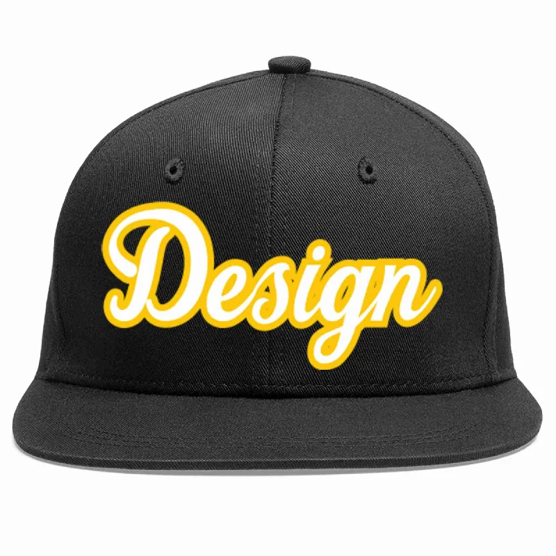 Baseball Cap With Custom Fit-Custom Black White-Gold Flat Eaves Sport Baseball Cap Design for Men/Women/Youth