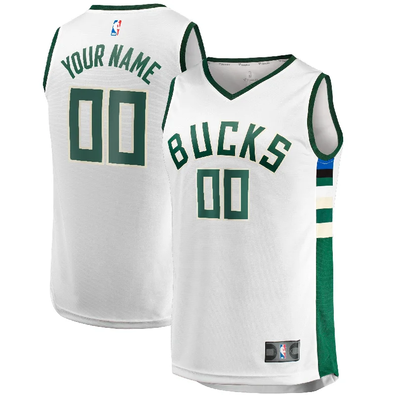 Basketball Jersey With Custom Club Logos-Milwaukee Bucks Branded Unisex Fast Break Custom Basketball Jersey - White - Association Edition