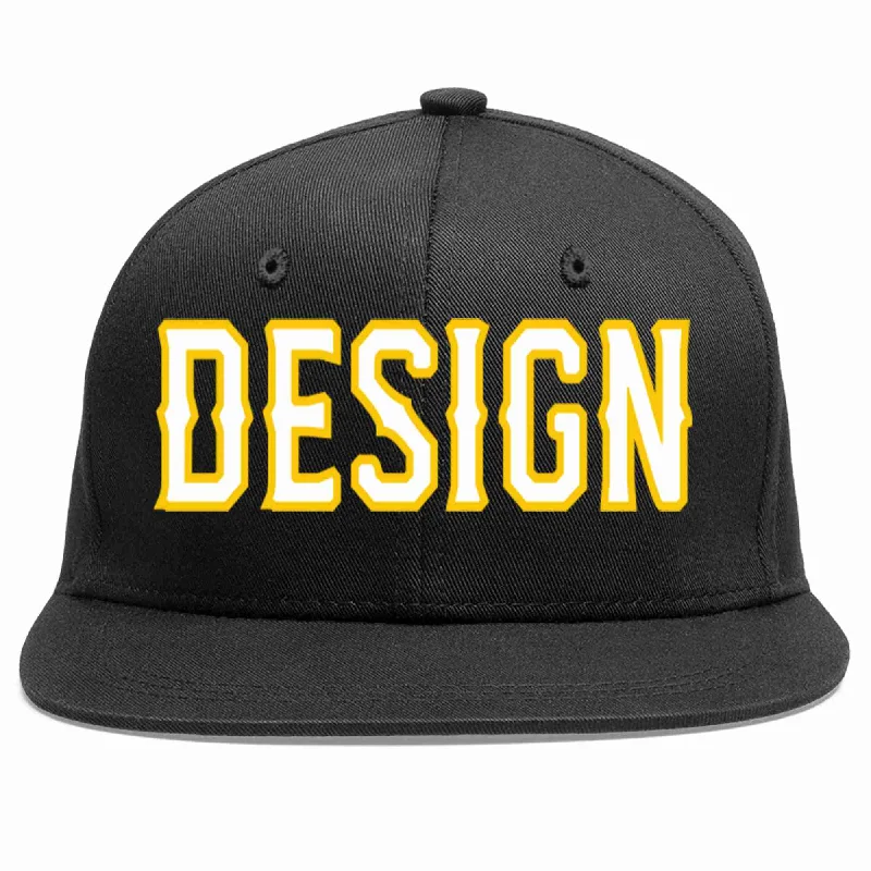 Baseball Cap With Custom Embroidery-Custom Black White-Gold Flat Eaves Sport Baseball Cap Design for Men/Women/Youth