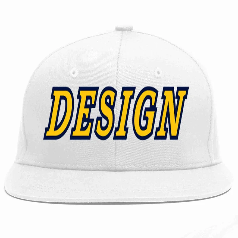 Baseball Cap For Custom Groups-Custom White Gold-Navy Flat Eaves Sport Baseball Cap Design for Men/Women/Youth