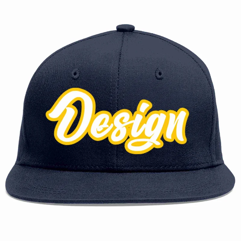 Adjustable Baseball Cap-Custom Navy White-Gold Flat Eaves Sport Baseball Cap Design for Men/Women/Youth