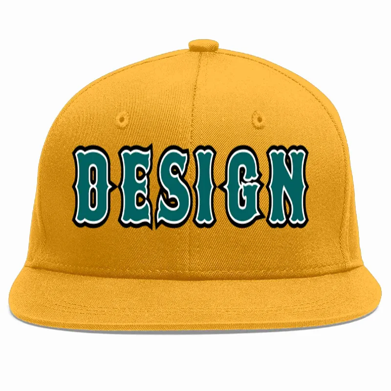 Baseball Cap For Fishing Enthusiasts-Custom Gold Aqua-White Flat Eaves Sport Baseball Cap Design for Men/Women/Youth