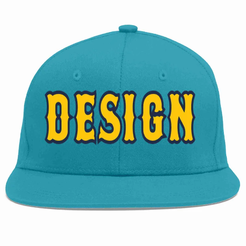 Baseball Cap With Custom Embroidery Design-Custom Aqua Gold-Navy Flat Eaves Sport Baseball Cap Design for Men/Women/Youth