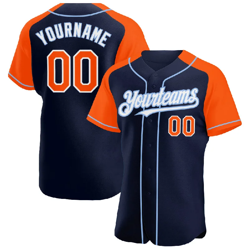 Baseball Jersey For Custom Team Orders-Custom Navy Orange-Light Blue Authentic Raglan Sleeves Baseball Jersey