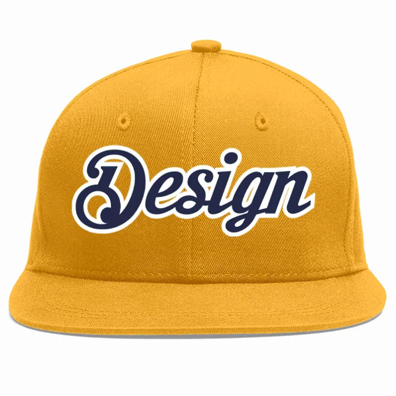 Baseball Cap For Athletic Streetwear-Custom Gold Navy-White Flat Eaves Sport Baseball Cap Design for Men/Women/Youth