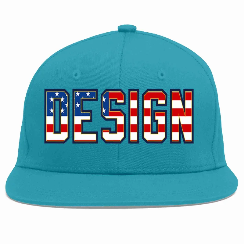 Custom Baseball Cap For Fundraising-Custom Aqua Vintage USA Flag-Gold Flat Eaves Sport Baseball Cap Design for Men/Women/Youth