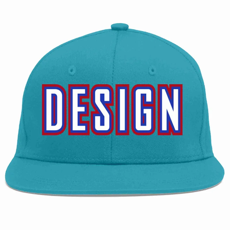 Baseball Cap For Trendy Styles-Custom Aqua White-Royal Flat Eaves Sport Baseball Cap Design for Men/Women/Youth