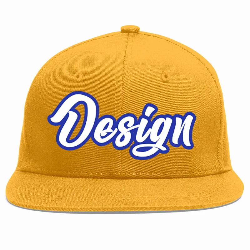 Baseball Cap With Personalized Designs-Custom Gold White-Royal Flat Eaves Sport Baseball Cap Design for Men/Women/Youth