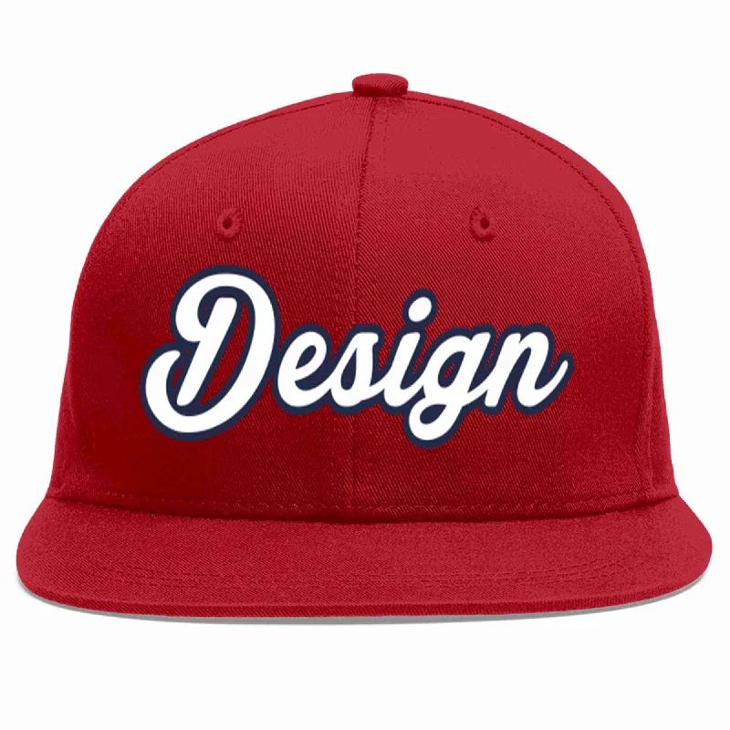 Personalized Embroidered Baseball Cap-Custom Red White-Navy Flat Eaves Sport Baseball Cap Design for Men/Women/Youth