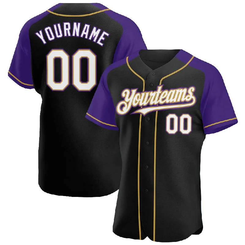 Baseball Jersey For International Matches-Custom Black White Purple-Old Gold Authentic Raglan Sleeves Baseball Jersey