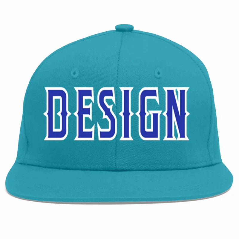 Baseball Cap With Signature Designs-Custom Aqua Royal-White Flat Eaves Sport Baseball Cap Design for Men/Women/Youth