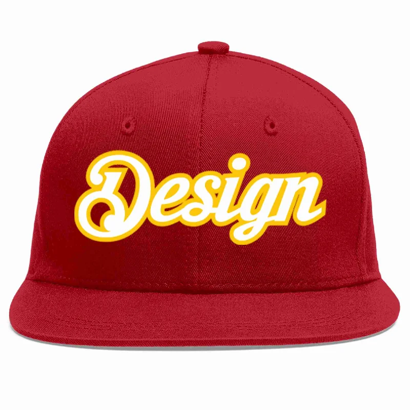 Baseball Cap For Travel Accessories-Custom Red White-Gold Flat Eaves Sport Baseball Cap Design for Men/Women/Youth