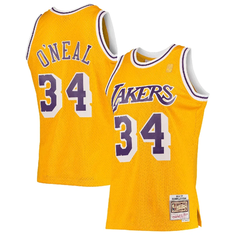 Personalized Basketball Jersey-Shaquille O'neal Los Angeles Lakers 1996/97 Hardwood Classics Swingman Basketball Jersey - Gold