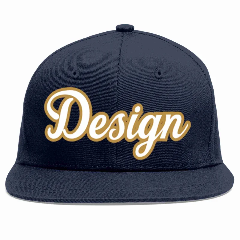 Baseball Cap With Team Sponsorship-Custom Navy White-Old Gold Flat Eaves Sport Baseball Cap Design for Men/Women/Youth