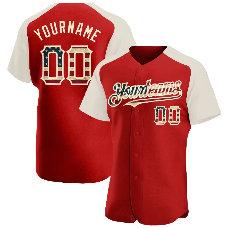 Baseball Jersey With Player Name-Custom Red Vintage USA Flag-Cream Authentic Raglan Sleeves Baseball Jersey