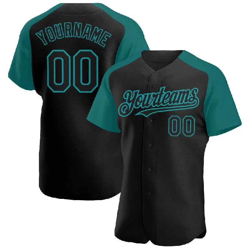 Baseball Jersey With Moisture-Wicking Fabric-Custom Black Teal Authentic Raglan Sleeves Baseball Jersey