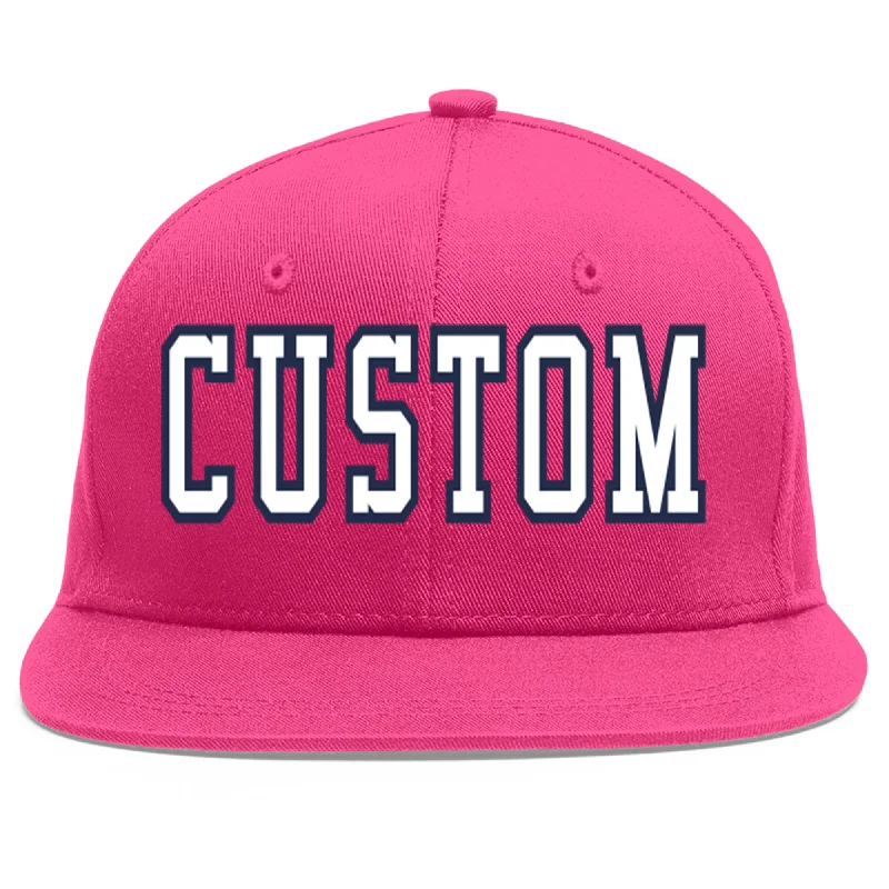 Baseball Cap For Sporting Events-Custom Rose Red White-Navy Flat Eaves Sport Baseball Cap