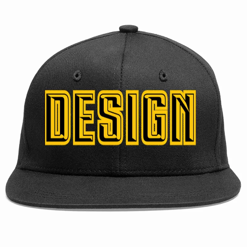 Baseball Cap For Custom Sports Gear-Custom Black Black-Gold Flat Eaves Sport Baseball Cap Design for Men/Women/Youth