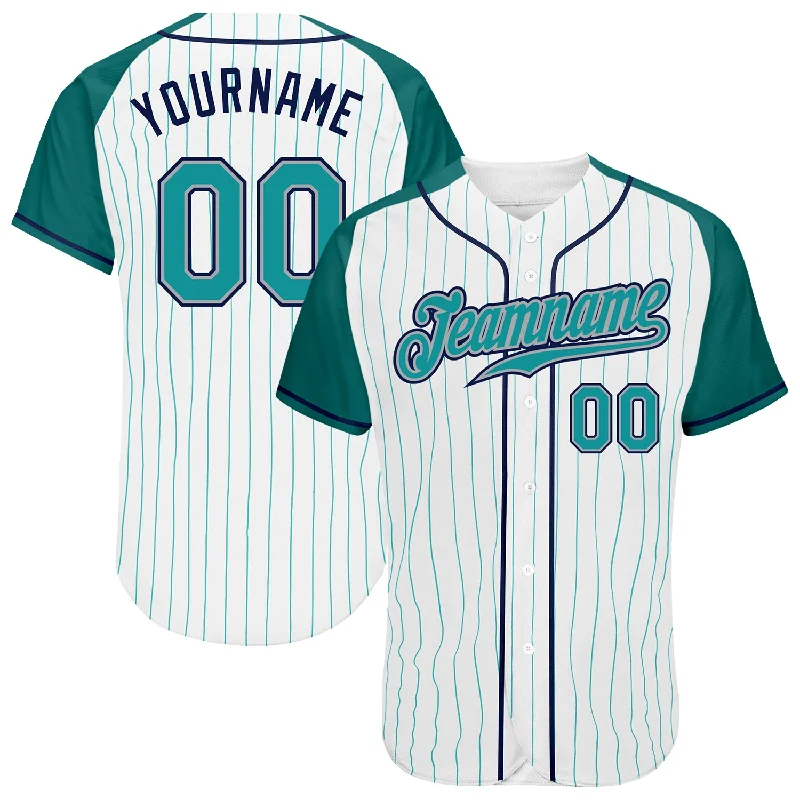 Baseball Jersey For Fan Apparel-Custom White Aqua Pinstripe Aqua-Navy Authentic Raglan Sleeves Baseball Jersey