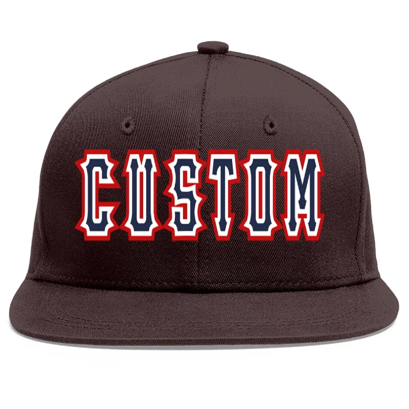 Personalized Fitted Baseball Cap-Custom Brown Navy-White Flat Eaves Sport Baseball Cap