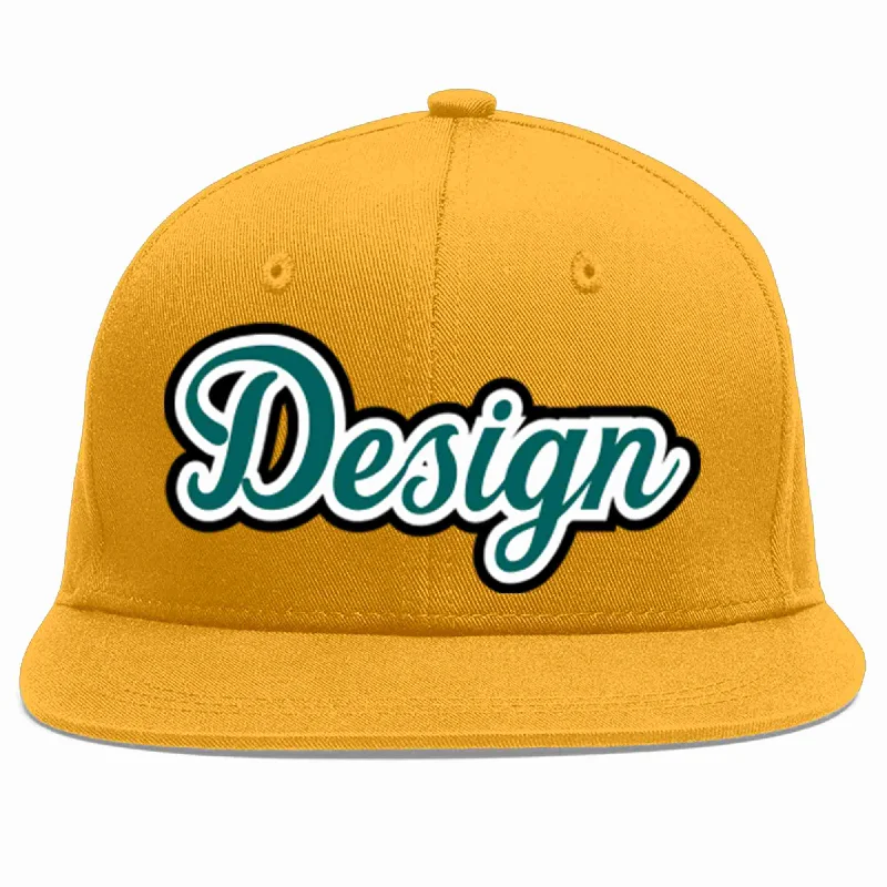 Baseball Cap For Custom Gear Orders-Custom Gold Aqua-White Flat Eaves Sport Baseball Cap Design for Men/Women/Youth