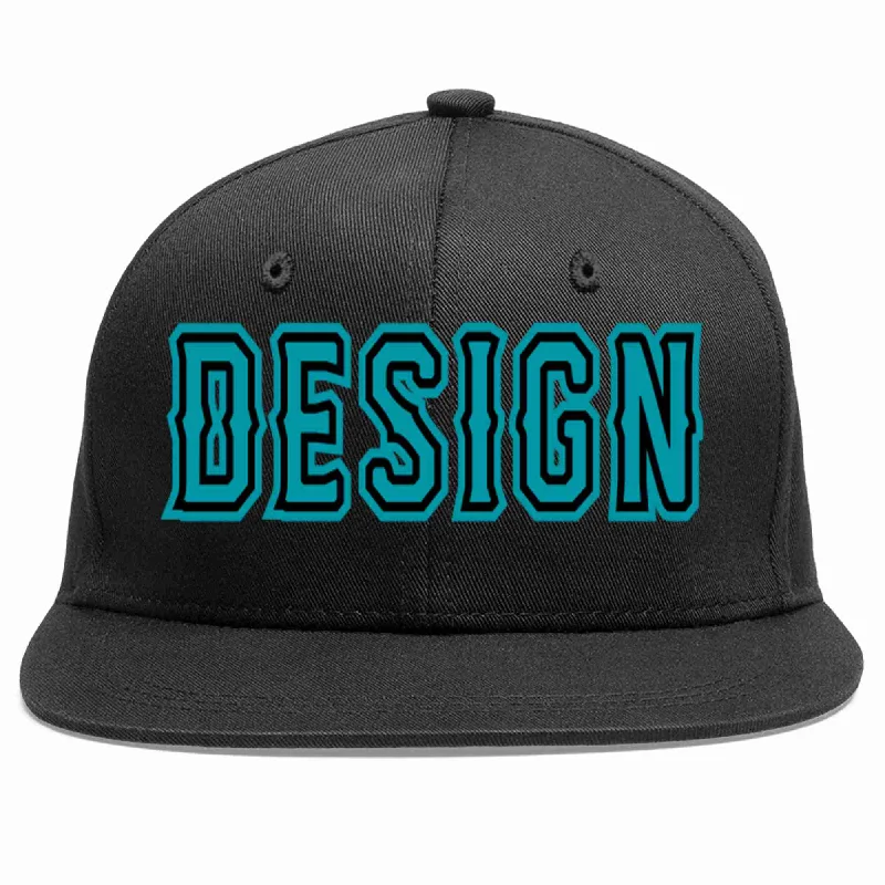 Personalized Fitted Baseball Cap-Custom Black Aqua-Black Flat Eaves Sport Baseball Cap Design for Men/Women/Youth