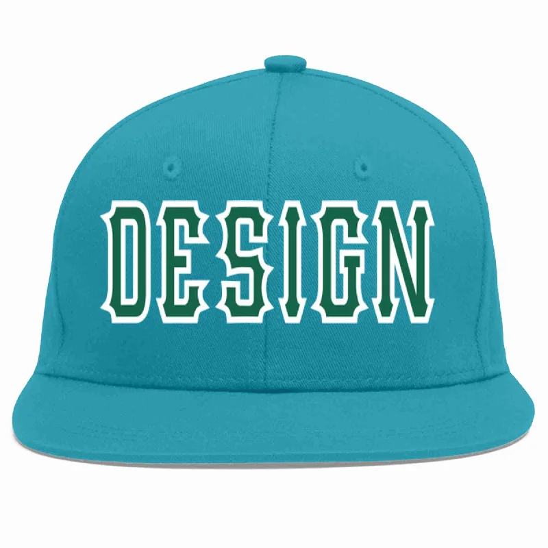 Baseball Cap For Team Recognition-Custom Aqua Kelly Green-White Flat Eaves Sport Baseball Cap Design for Men/Women/Youth