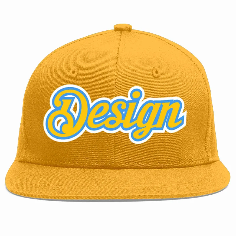 Baseball Cap For Team Gifts-Custom Gold Gold-Powder Blue Flat Eaves Sport Baseball Cap Design for Men/Women/Youth