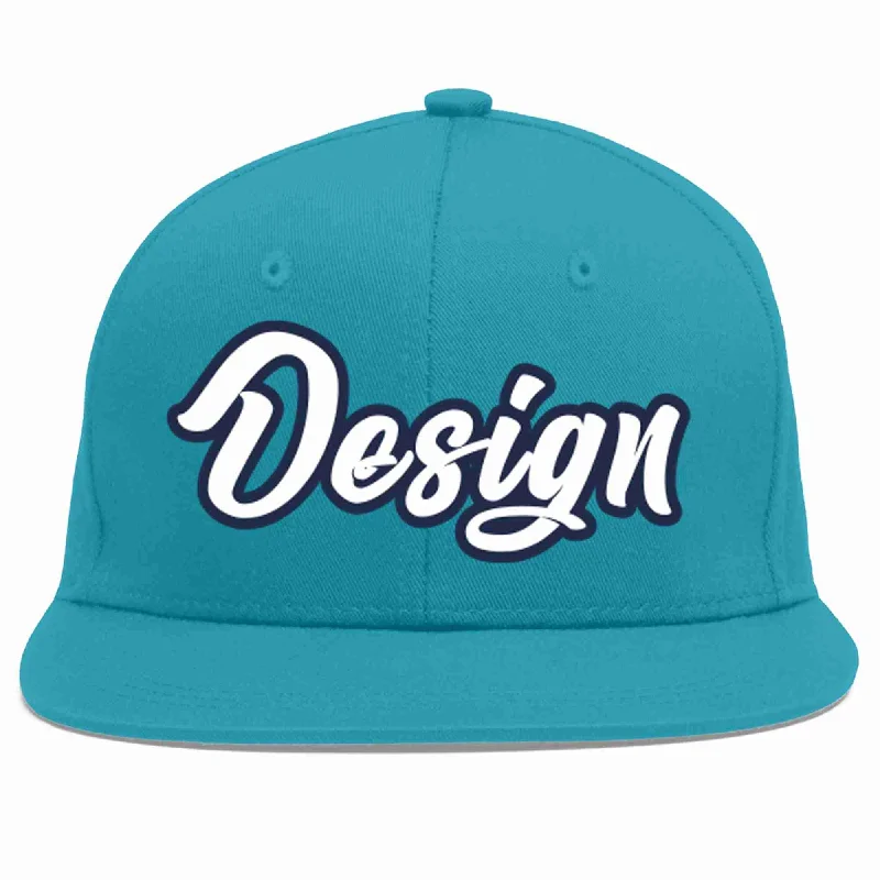 Fitted Baseball Cap-Custom Aqua White-Navy Flat Eaves Sport Baseball Cap Design for Men/Women/Youth