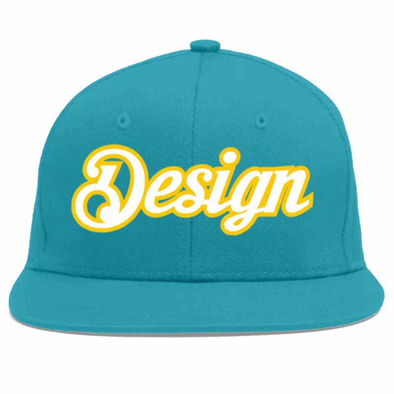 Baseball Cap For Sporting Events-Custom Aqua White-Gold Flat Eaves Sport Baseball Cap Design for Men/Women/Youth