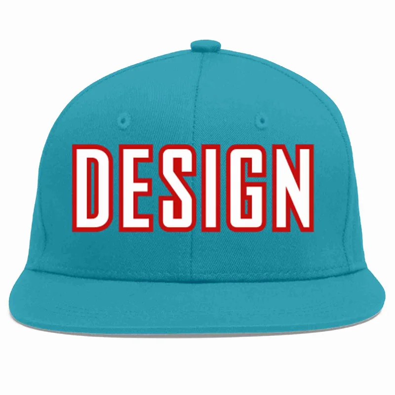 Baseball Cap With Breathable Fabric-Custom Aqua White-Red Flat Eaves Sport Baseball Cap Design for Men/Women/Youth