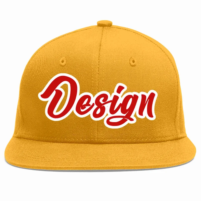 Baseball Cap For Sponsorship Branding-Custom Gold Red-White Flat Eaves Sport Baseball Cap Design for Men/Women/Youth