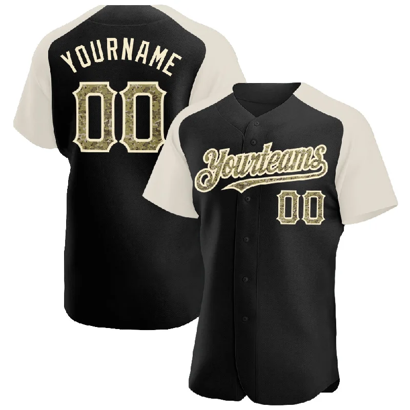 Baseball Jersey For Custom Merchandise-Custom Black Camo-Cream Authentic Raglan Sleeves Baseball Jersey