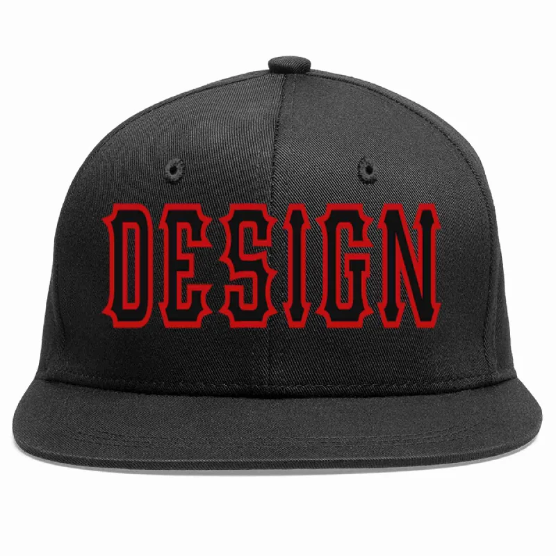 Baseball Cap For Custom Clothing-Custom Black Black-Red Flat Eaves Sport Baseball Cap Design for Men/Women/Youth