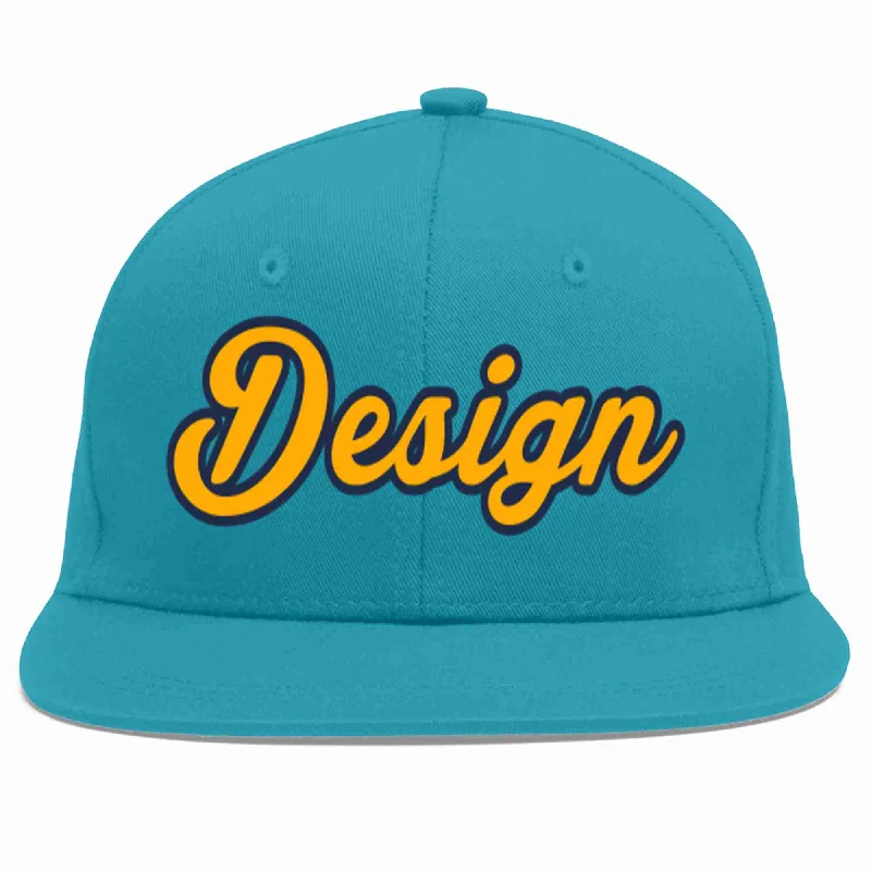 Baseball Cap For Custom Teams-Custom Aqua Yellow-Navy Flat Eaves Sport Baseball Cap Design for Men/Women/Youth